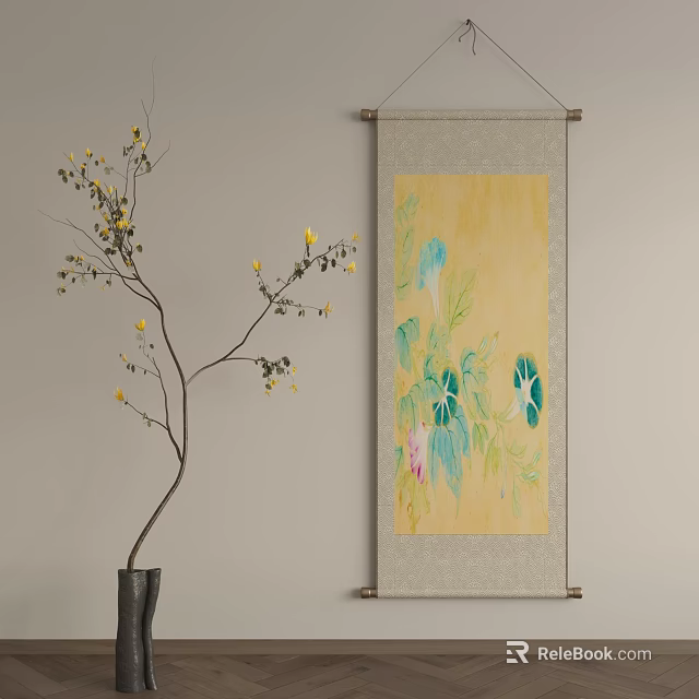 Square Rug In Minimalist Interior With Art Scroll And Plant 3d model