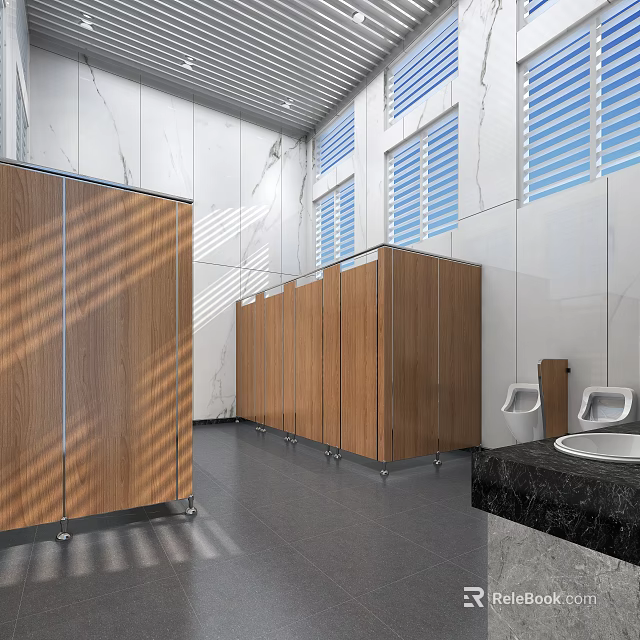 Public Restroom Interior With Wooden Stalls White Walls Venetian Blinds And Black Countertop Sink 3d model 