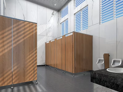 Public Restroom Interior With Wooden Stalls White Walls Venetian Blinds And Black Countertop Sink 3d model