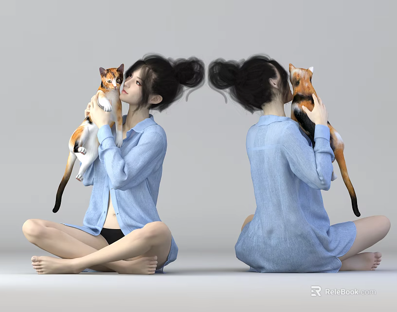 Woman With Cat In Blue Shirt Sitting Cross Legged On Floor In Two Views 3d model 