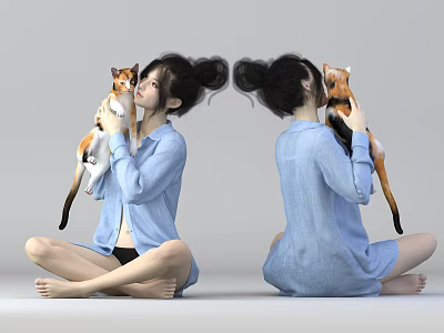 Woman With Cat In Blue Shirt Sitting Cross Legged On Floor In Two Views 3d model