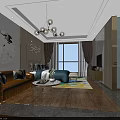 Modern Hotel Guest Room Interior With Sofa Bed Large Window And Chandelier