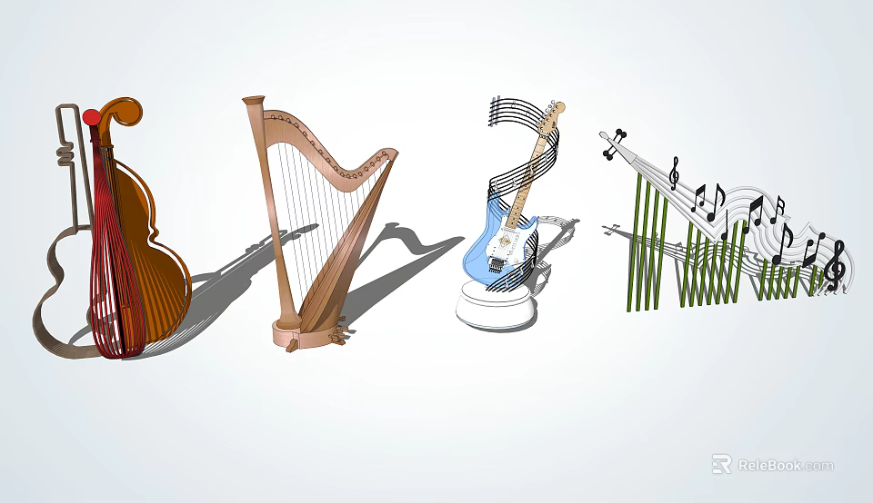 Artistic Musical Instrument Sculptures Displaying Cello Harp Electric Guitar and Music Notes 3d model 