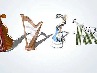 Artistic Musical Instrument Sculptures Displaying Cello Harp Electric Guitar and Music Notes 3d model