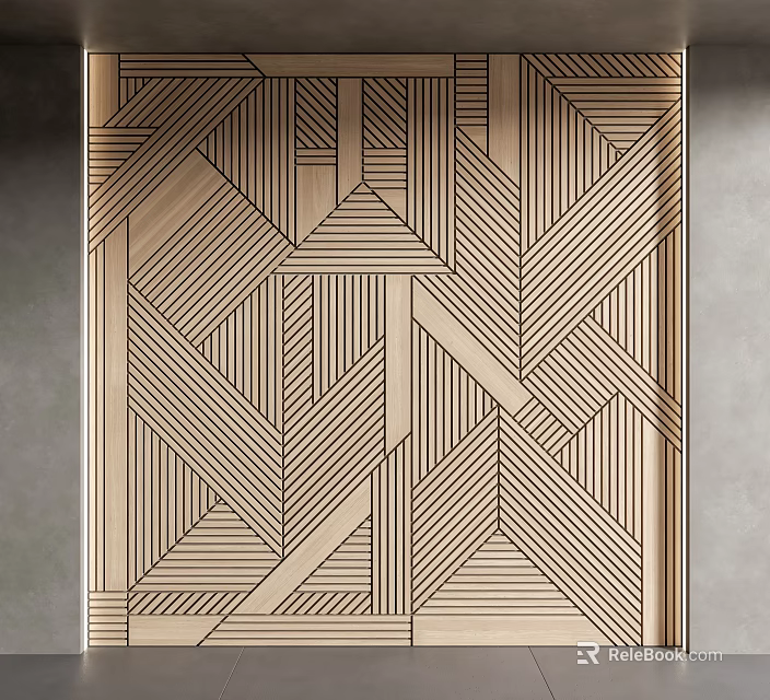 Stylish Bedroom Accent Wall With Geometric Wooden Patterns And Striped Lines Design 3d model 