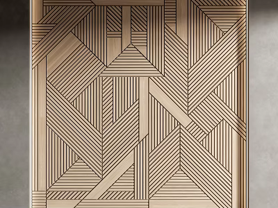 Stylish Bedroom Accent Wall With Geometric Wooden Patterns And Striped Lines Design 3d model