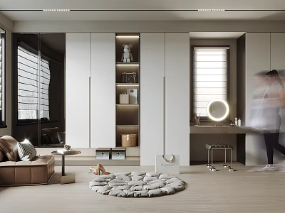Modern Walk in Closet Interior With White Cabinets Glass Doors And Round Mirror 3d model