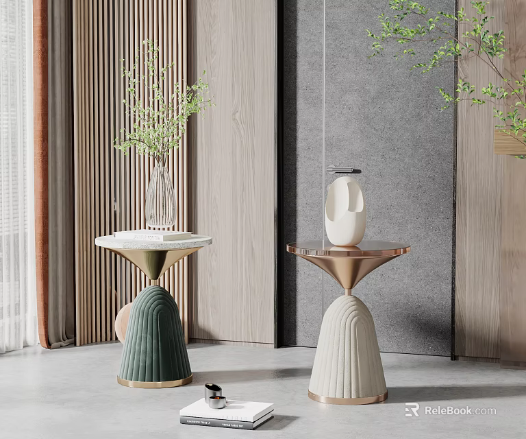 Modern Living Room Side Tables With Gold Details Green And Beige Bases Vase Sculpture 3d model 