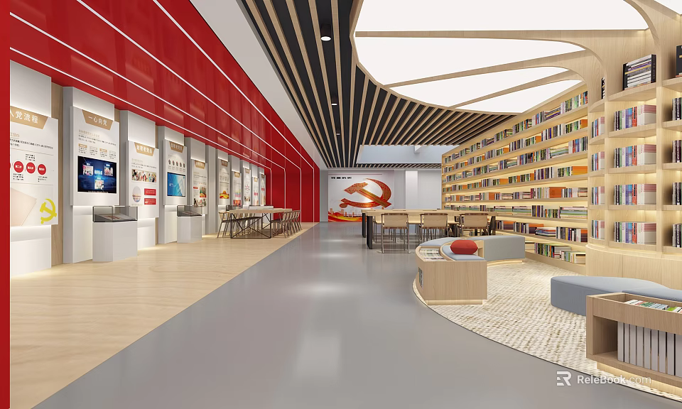 Modern Library Interior Design With Open Shelves And Reading Seating Areas 3d model