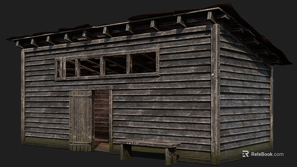 Old Style Wooden Building With Wooden Walls Roof Beams Door Window And Bench 3d model 