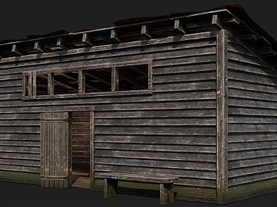 Old Style Wooden Building With Wooden Walls Roof Beams Door Window And Bench 3d model