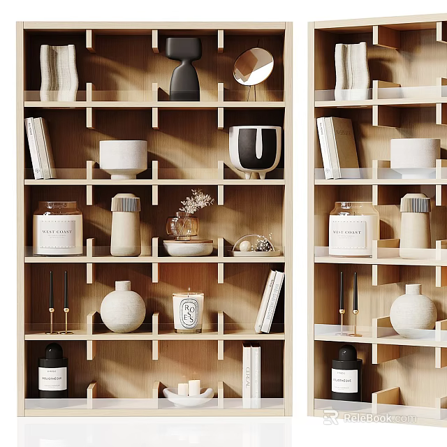 Modern Wooden Bookcase Interior Design With Books Vases Candles And Decorative Items 3d model 