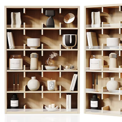 Modern Wooden Bookcase Interior Design With Books Vases Candles And Decorative Items 3d model