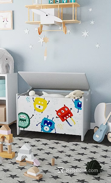 Colorful Kids Toy Storage Box With Open Lid And Cartoon Monster Patterns Inside 3d model 