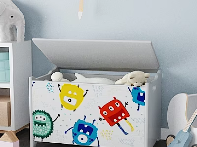 Colorful Kids Toy Storage Box With Open Lid And Cartoon Monster Patterns Inside 3d model