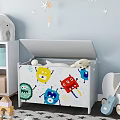 Colorful Kids Toy Storage Box With Open Lid And Cartoon Monster Patterns Inside