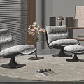 Modern Patterned Accent Chairs With Ottoman On Round Rug And Table With Flowers 3d model