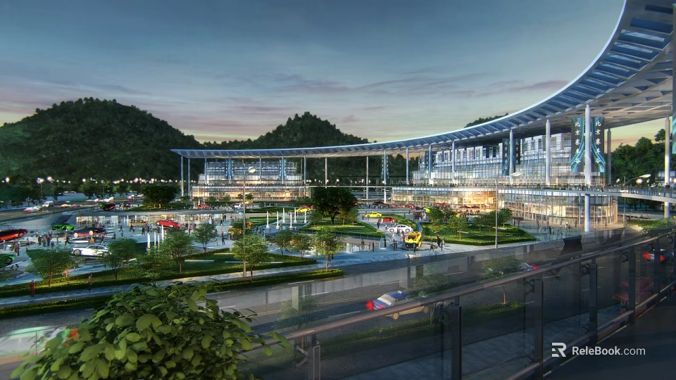 Scenic Evening Landscape With Modern Architecture Mountain Greenery And Parking Area 3d model 