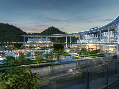 Scenic Evening Landscape With Modern Architecture Mountain Greenery And Parking Area 3d model