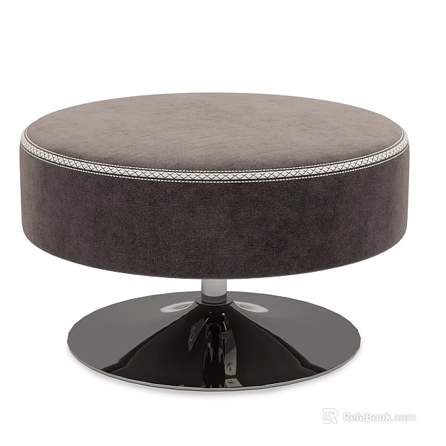 Round Gray Velvet Ottoman With Decorative Trim And Black Mirrored Metal Base 3d model 