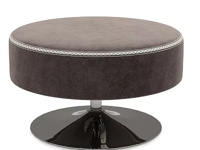 Round Gray Velvet Ottoman With Decorative Trim And Black Mirrored Metal Base 3d model
