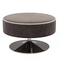 Round Gray Velvet Ottoman With Decorative Trim And Black Mirrored Metal Base