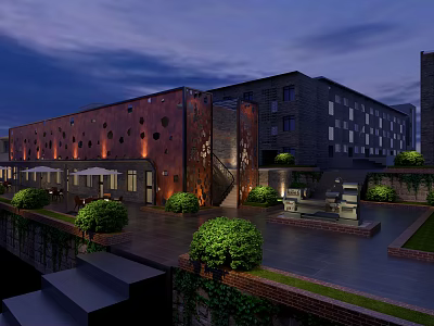 Modern Industrial Building Red Facade Circular Holes Gray Structure Outdoor Greenery And Steps 3d model