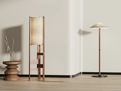 Elegant Wooden Frame Floor Lamps with Beige Shades on Wooden Floor by White Wall 3d model