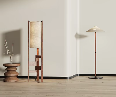Elegant Wooden Frame Floor Lamps with Beige Shades on Wooden Floor by White Wall 3d model