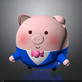 Cute Chubby Pink Pig Cartoon Character Dressed In Blue Suit With Pink Bow Tie