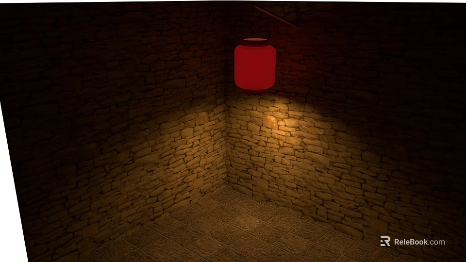 Red Lantern Hanging In Brick Wall Corner With Tile Floor And Warm Light 3d model 