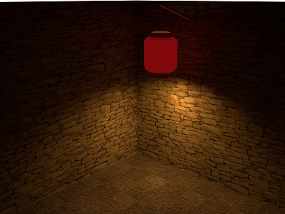Red Lantern Hanging In Brick Wall Corner With Tile Floor And Warm Light 3d model