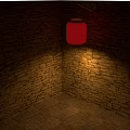 Red Lantern Hanging In Brick Wall Corner With Tile Floor And Warm Light