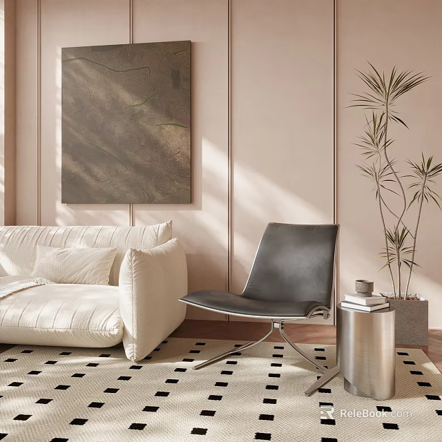 Black Leisure Chair In Modern Living Room With White Sofa Wall Art And Potted Plant 3d model 