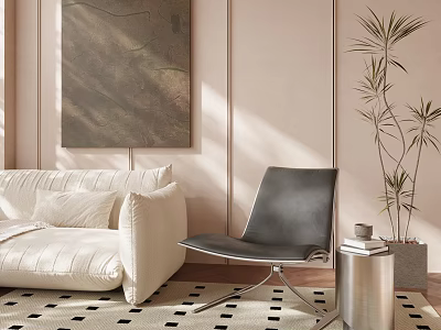 Black Leisure Chair In Modern Living Room With White Sofa Wall Art And Potted Plant 3d model