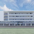 Modern White Office Building Facade With Glass Windows And Urban Greenery