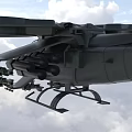 Black Armed Military Helicopter With Weapon Systems Flying In Clouds