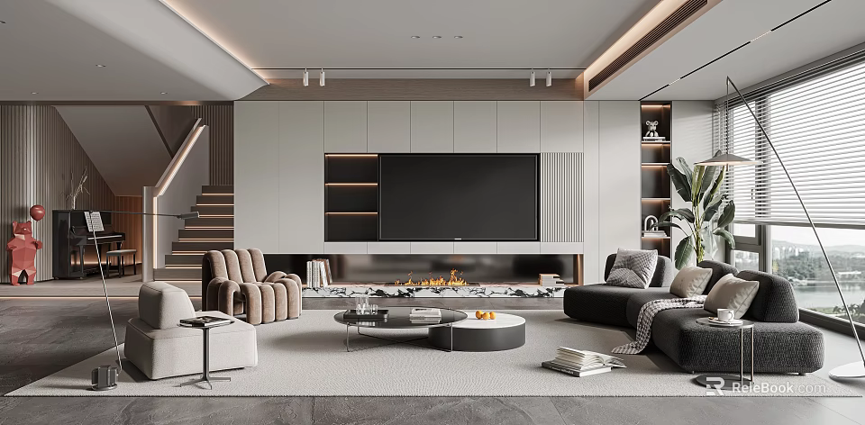 Modern Living Room Interior Design With TV Wall Fireplace Comfortable Sofa Rug And Shelves 3d model 