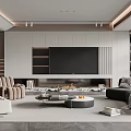 Modern Living Room Interior Design With TV Wall Fireplace Comfortable Sofa Rug And Shelves