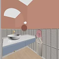 Pink Bathroom Interior With Light Blue Chair White Sink And Round Mirror
