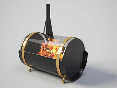 Modern Black Fireplace With Gold Accents Glass Front And Burning Flames 3d model