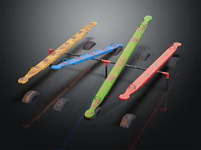 Colorful Seesaws Yellow Blue Green Red With Tire Supports On Black Background 3d model
