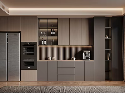 Modern Gray Kitchen Sideboard With Wine Bottles Coffee Machine And LED Strip Lighting 3d model