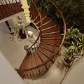 Luxurious Spiral Staircase Interior With Green Plant Wall Statues Columns And Hanging Lamp