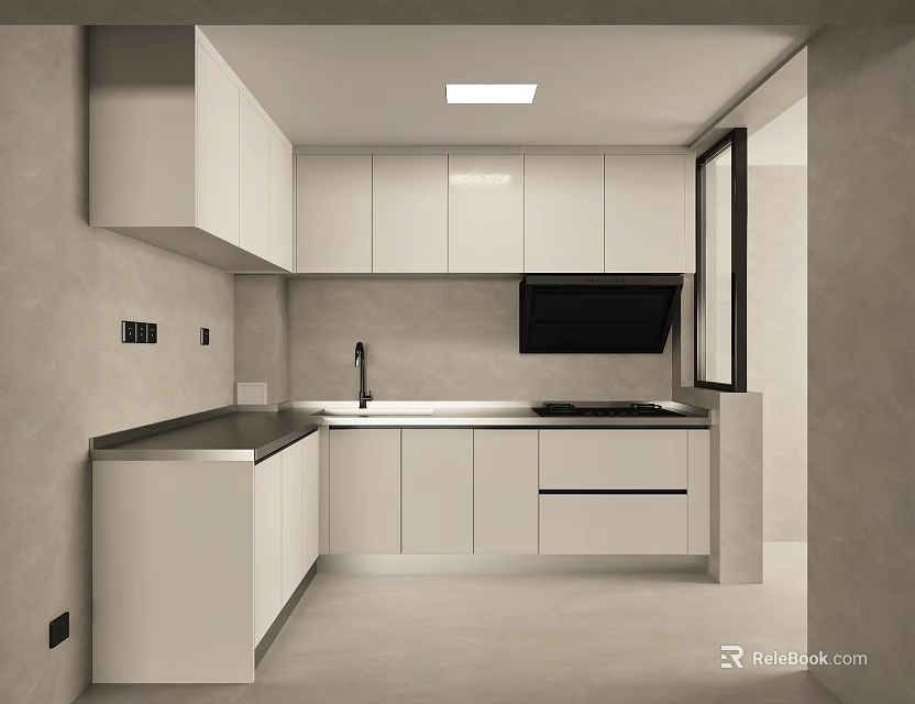 Modern Kitchen Interior Design With White Cabinets Countertop Sink Faucet And Microwave 3d model 