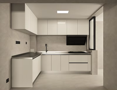 Modern Kitchen Interior Design With White Cabinets Countertop Sink Faucet And Microwave 3d model