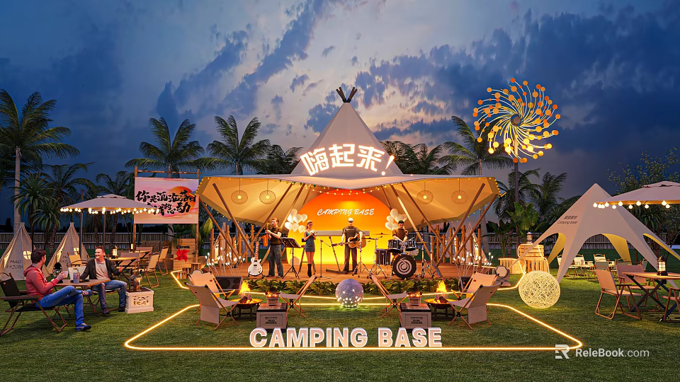 Camping Stage Tent Shaped Night With Fireworks Palm Trees And Lighting For Camping Base 3d model 