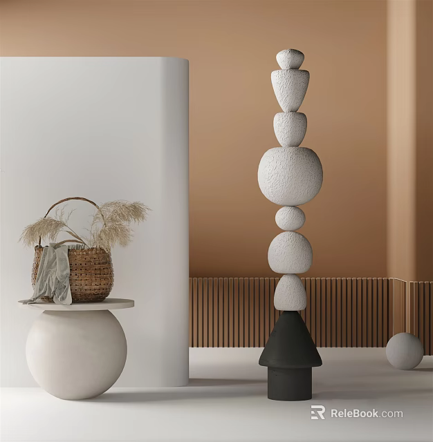 Stacked Carved White Stone Sculpture With Black Conical Base In Modern Interior 3d model 