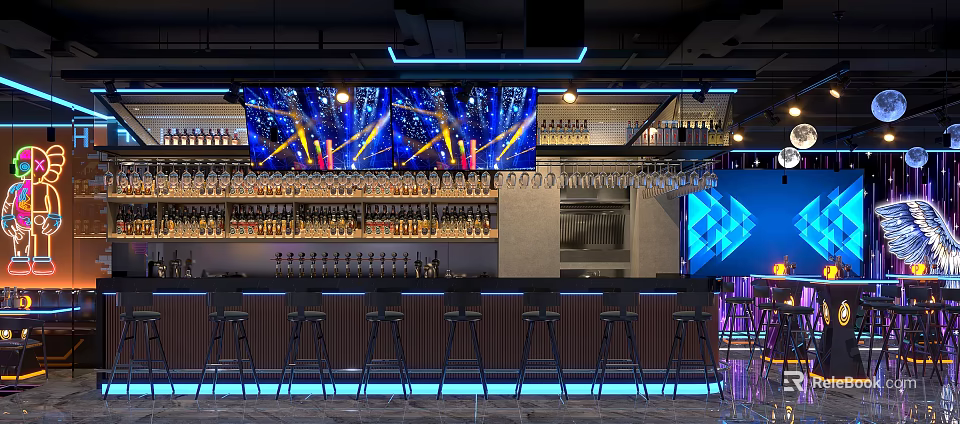 Modern Bar Interior With Bar Stools Bottle Shelves And Neon Lights 3d model 