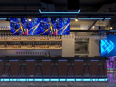 Modern Bar Interior With Bar Stools Bottle Shelves And Neon Lights 3d model